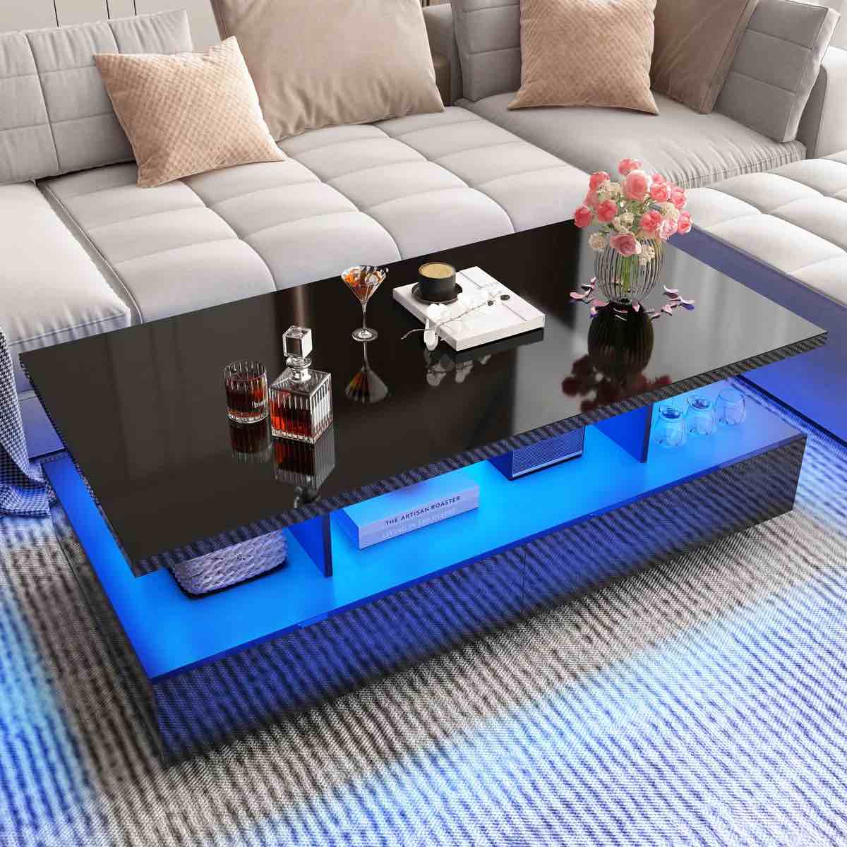 Jaycean LED Lights Coffee Table With 2 Large Drawers And Open Shelves