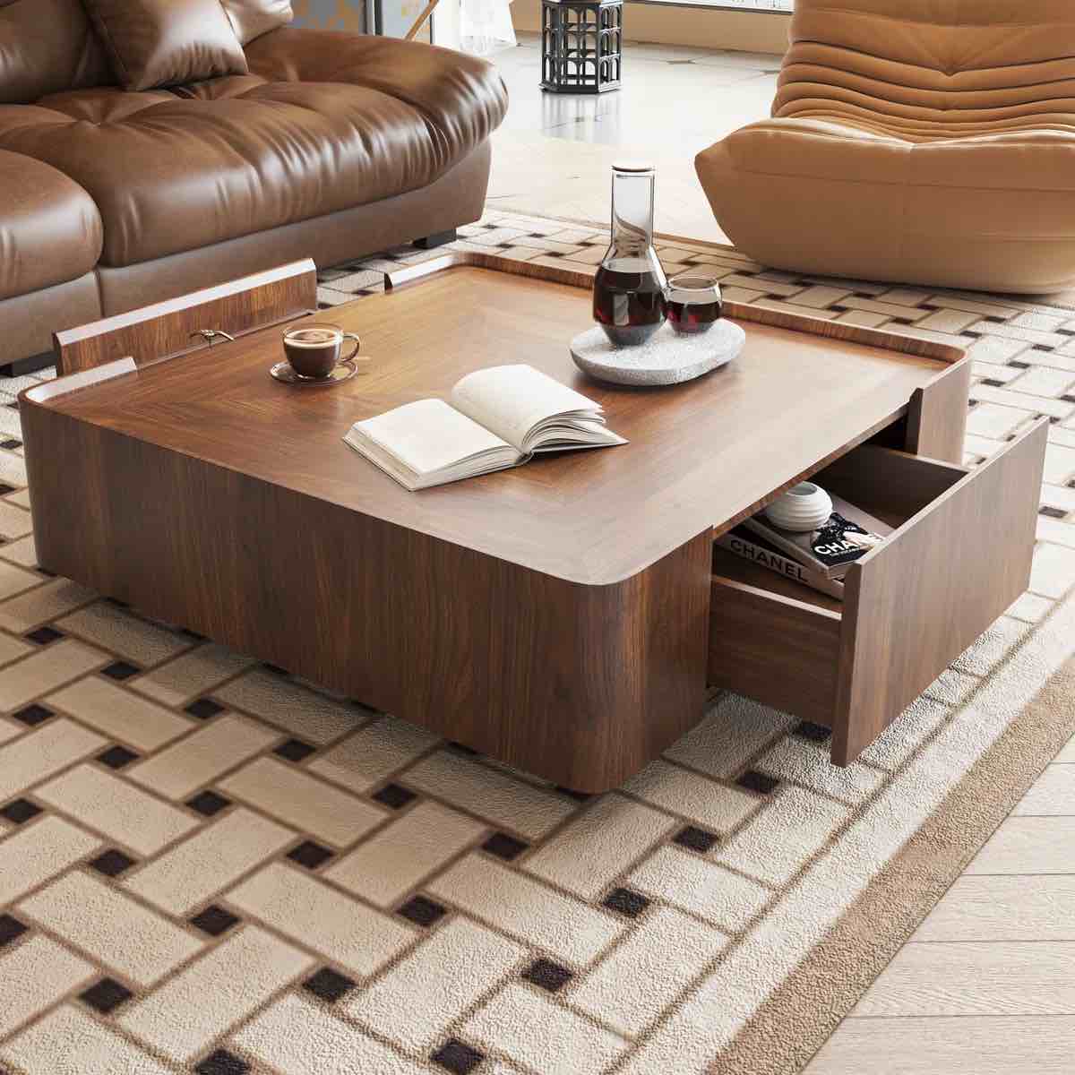 Jillann Industrial Walnut Square Coffee Table with Storage Drawers for Living Room and Home Office