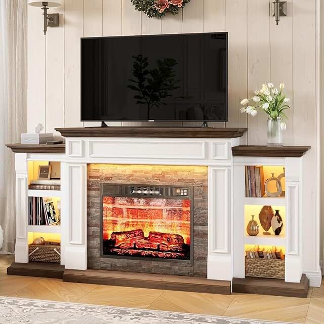 65.75" Electric Fireplace Heater Mantel Tv Stand With Remote Control, Overheat Protection Apricot