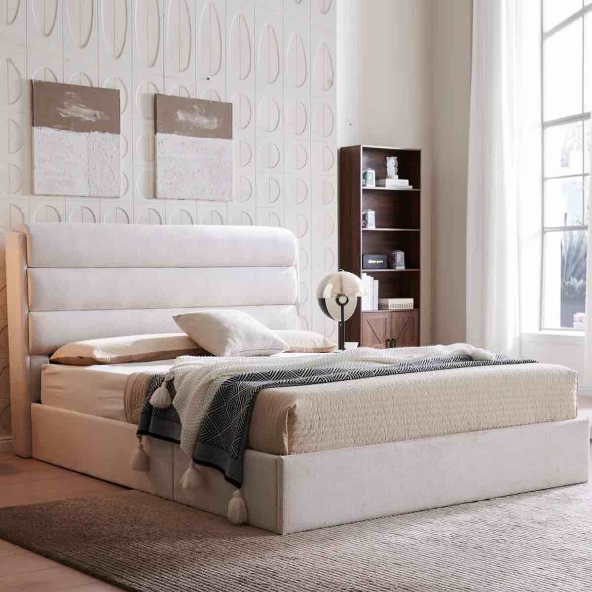 lift up storage bed, upholstered platform bed with hydraulic system & wood slats support, bed frame with 3-panel headboard, no box spring needed, easy assembly