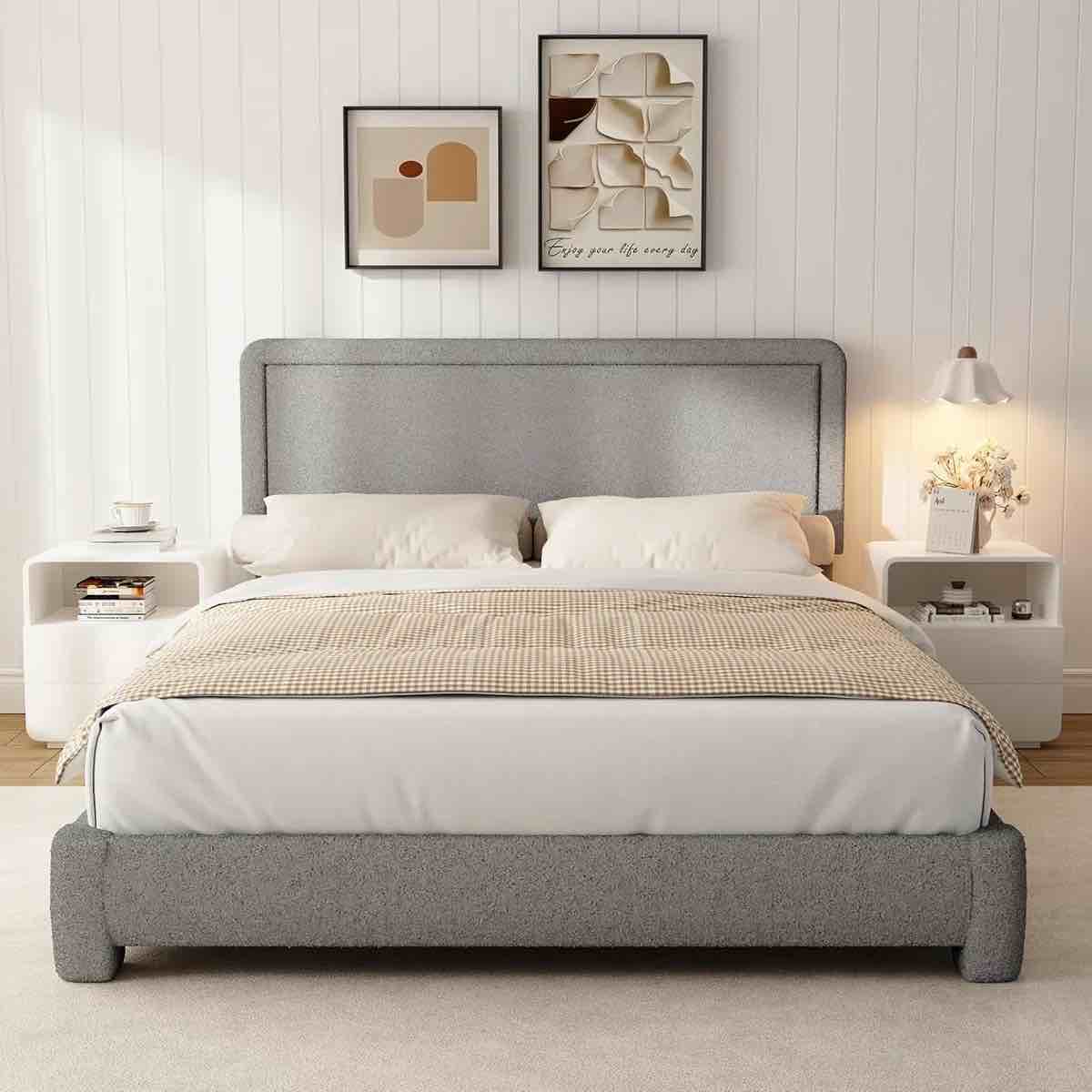Condition photo showing Good Condition for Boucle Bed Frame, Upholstered Cloud Bed Frame, Platform Bed Frame With Headboard, Modern Cream Bed Frame