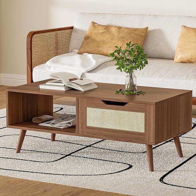 39" Rattan Coffee Table,Boho Coffee Table with Drawer \u0026 Shelf