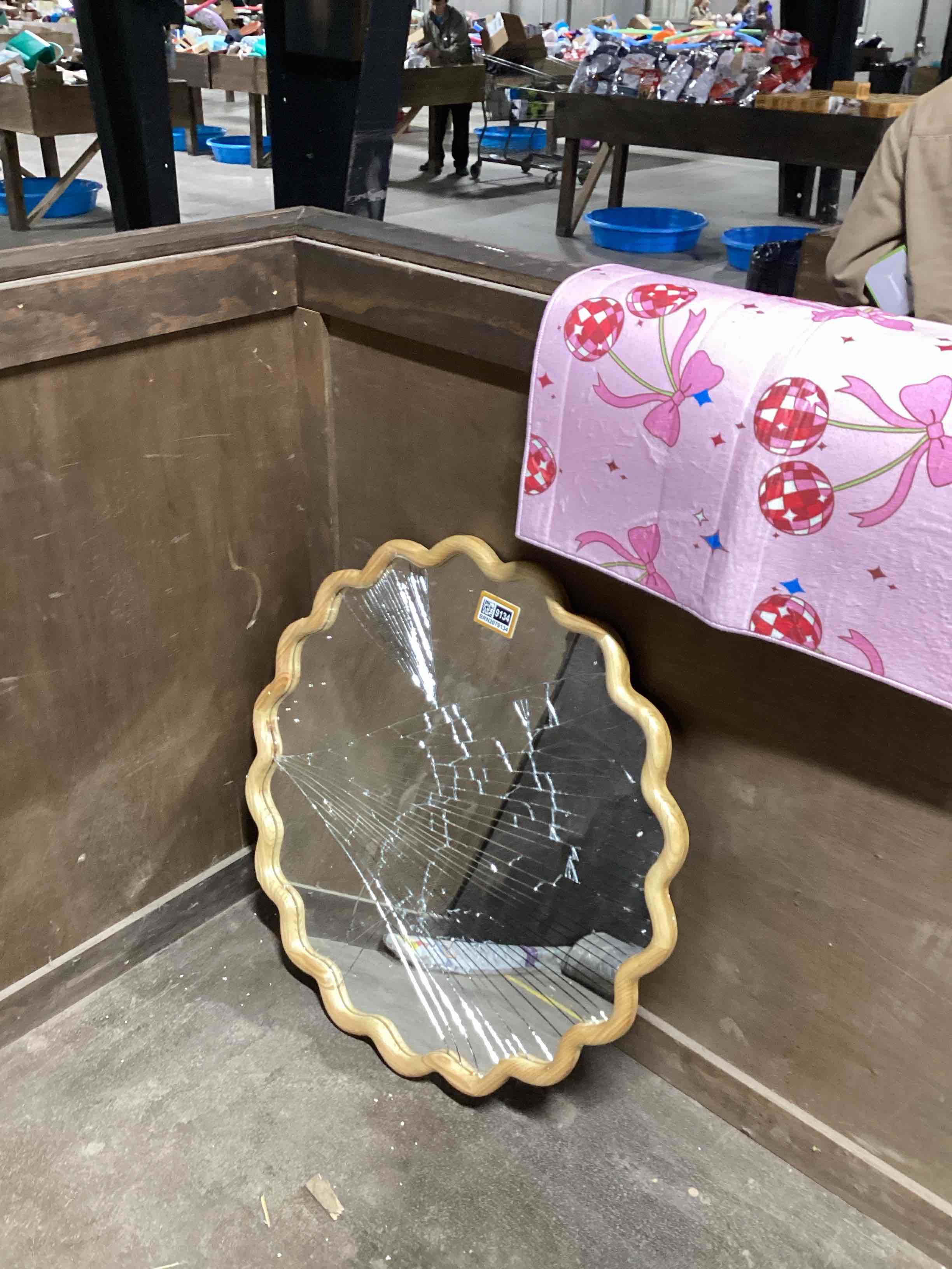 Condition photo showing As Is for Solid Wood Wavy Mirror,Vanity Mirror Wall Decor broken