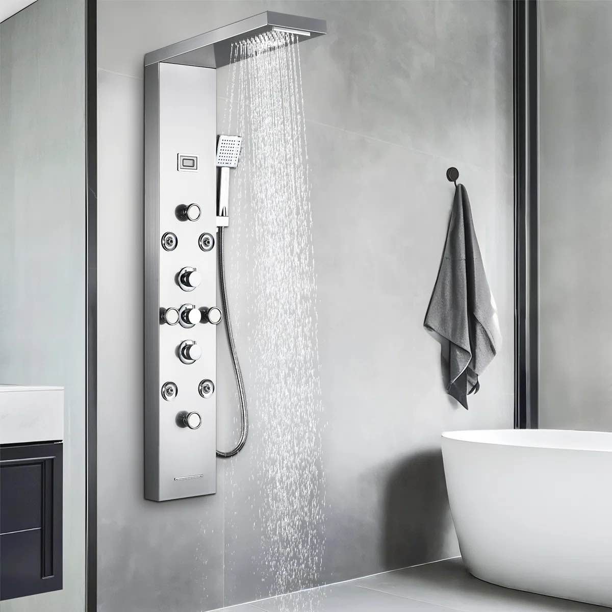8-Jet Rainfall Shower Tower Shower Panel System with Rainfall Waterfall Shower Head and Shower Wand