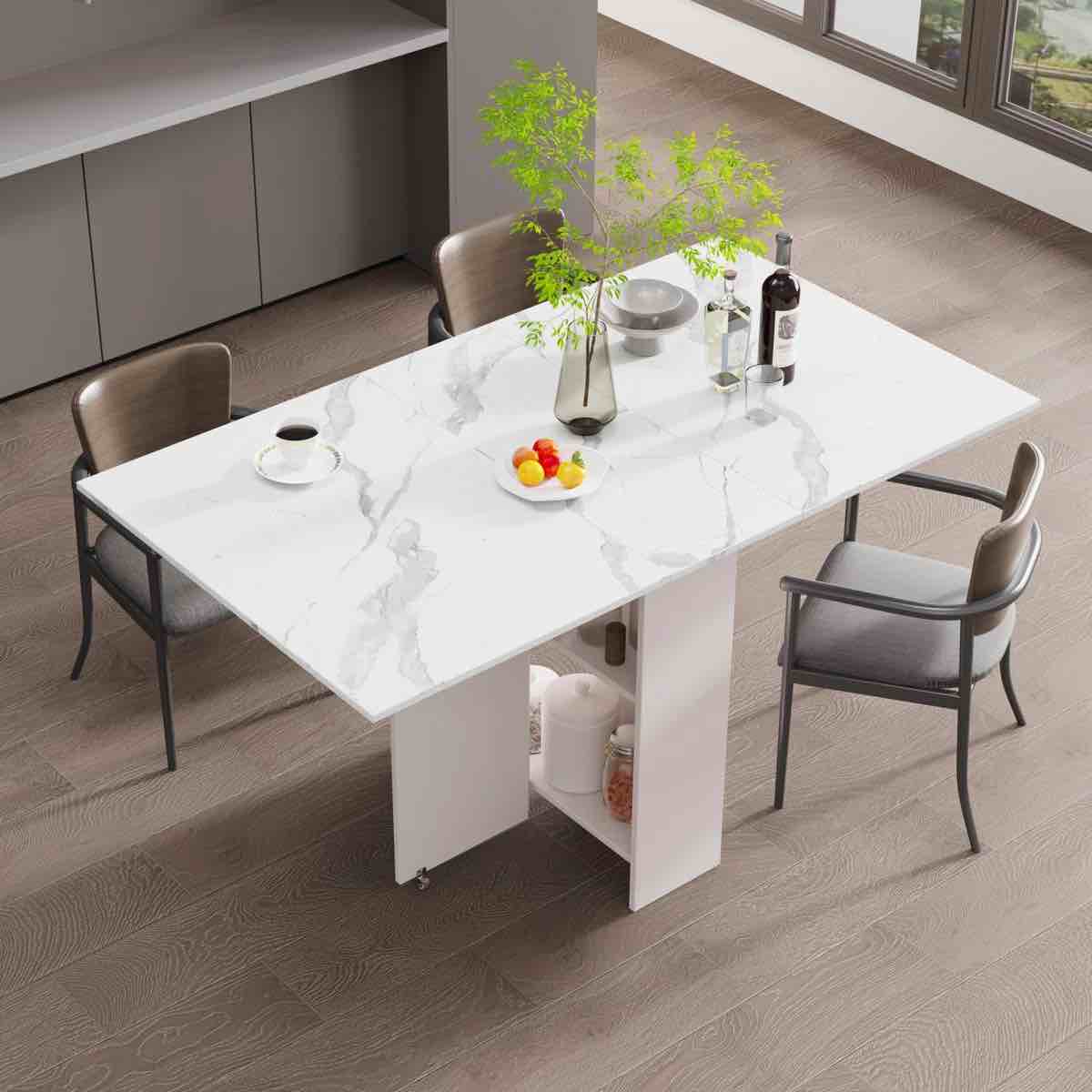 Folding Dining Table On Locking Wheels With Storage (White)