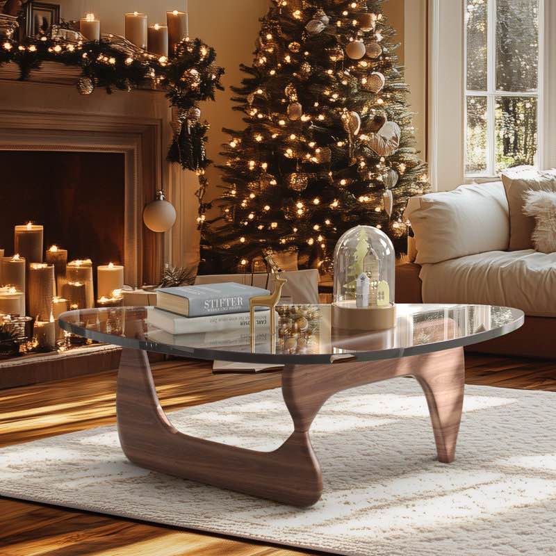 Triangle Glass Coffee Table with Wooden Base Clear Glass Top Mid-Century Abstract Glass Table