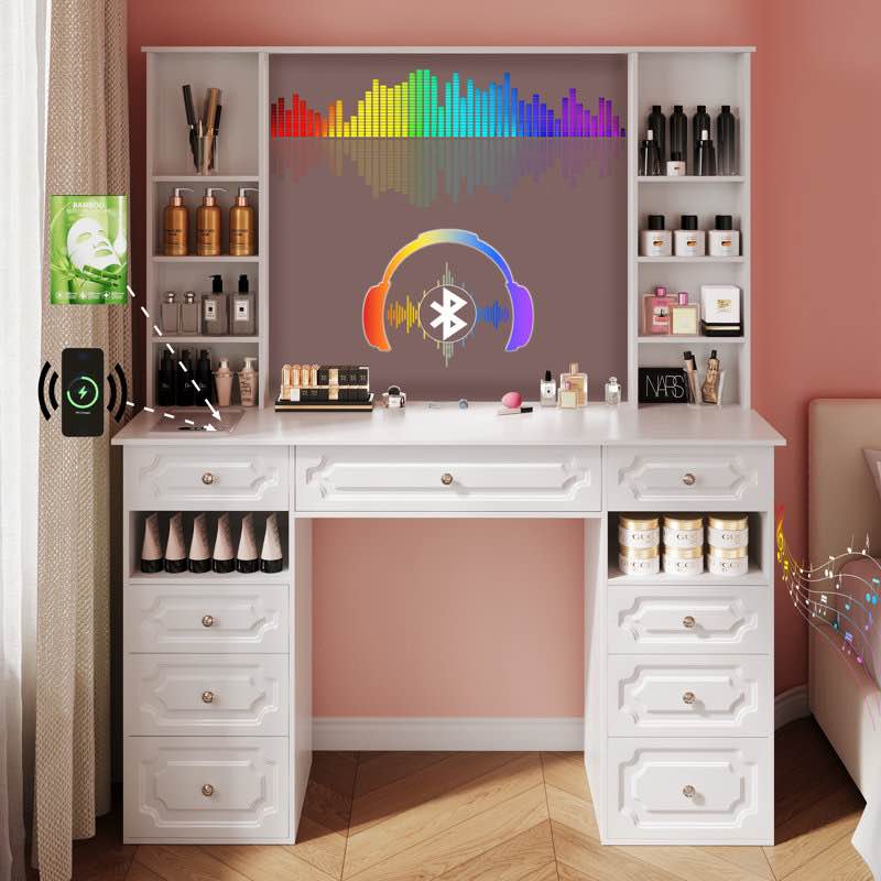 Vanity With Hd Lighted Mirror, Makeup Vanity Desk With Facial Mask Box, Dressing Table With Bluetooth Speaker, Makeup Vanity Set With Wireless Charger, 9 Drawers,