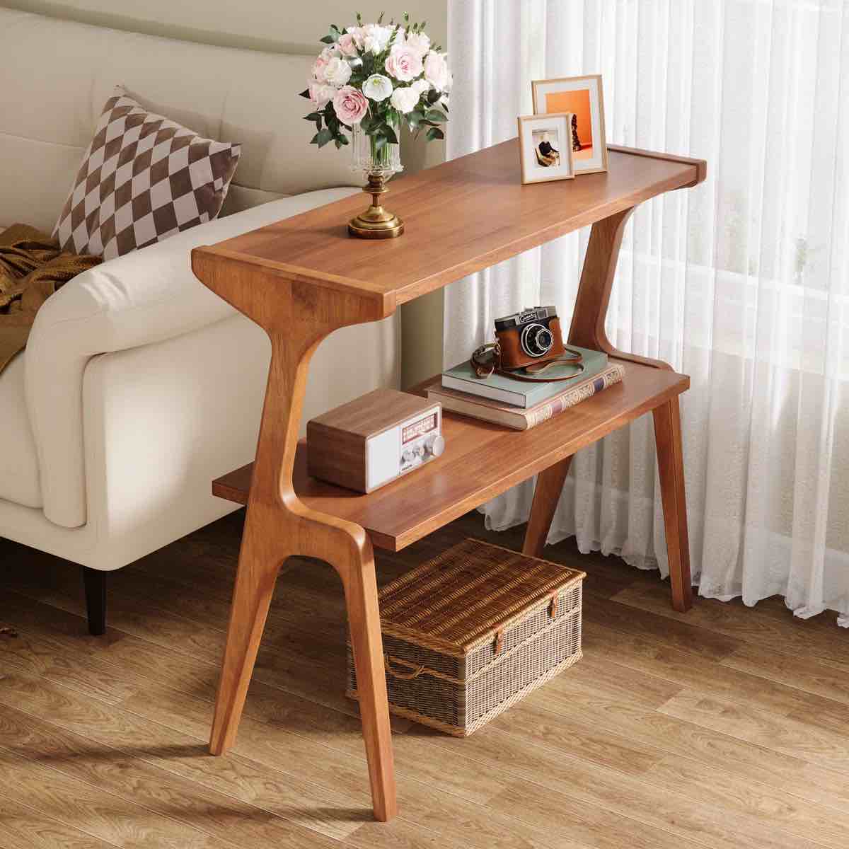 2-Tier End Table, Slim Sofa Side Table with Storage Shelf