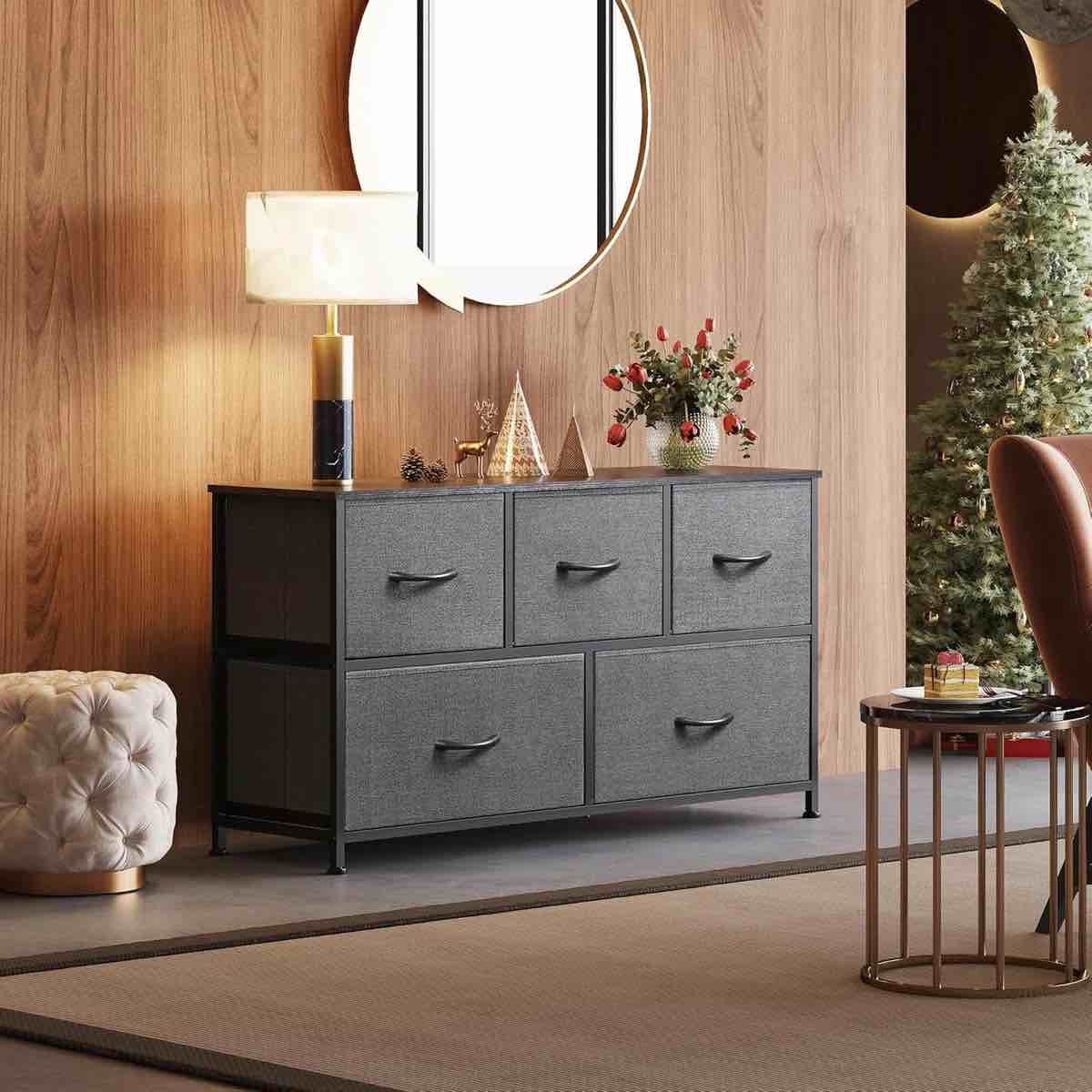 Fabric Dresser For Bedroom With 5 Drawers, Wide Bedroom Dresser With Drawer Organizers, Chest Of Drawers