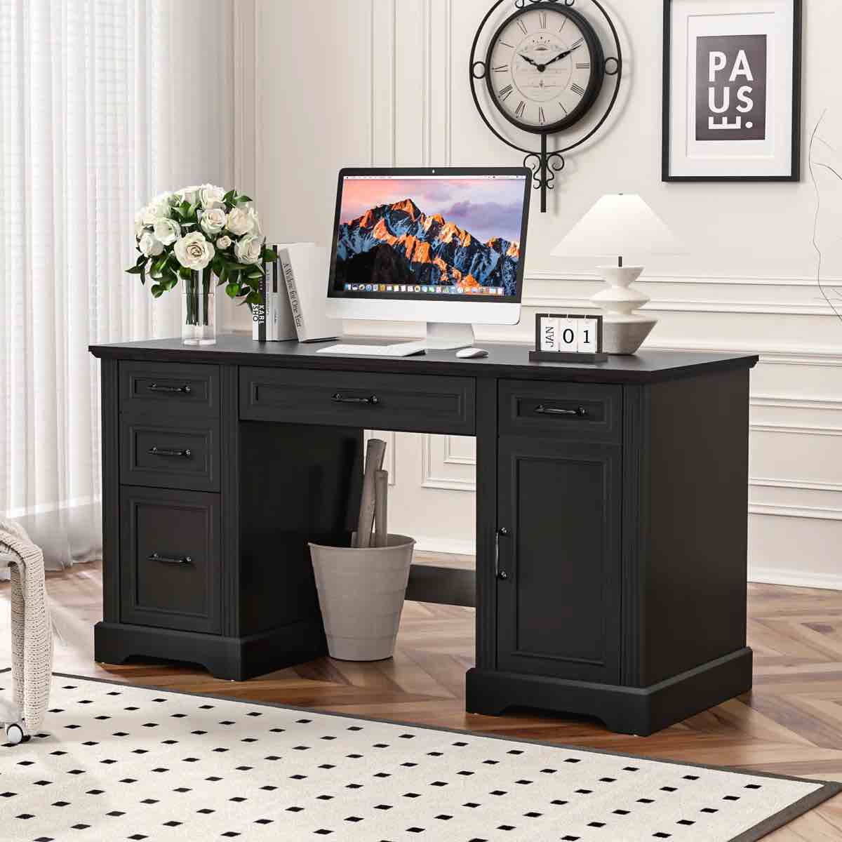 Lark Manor 58" Executive Desk, Home Office Desk with Drawers and Cabinet, Wooden Workstation with Storage, Farmhouse Desk for Writing, Studying, Working