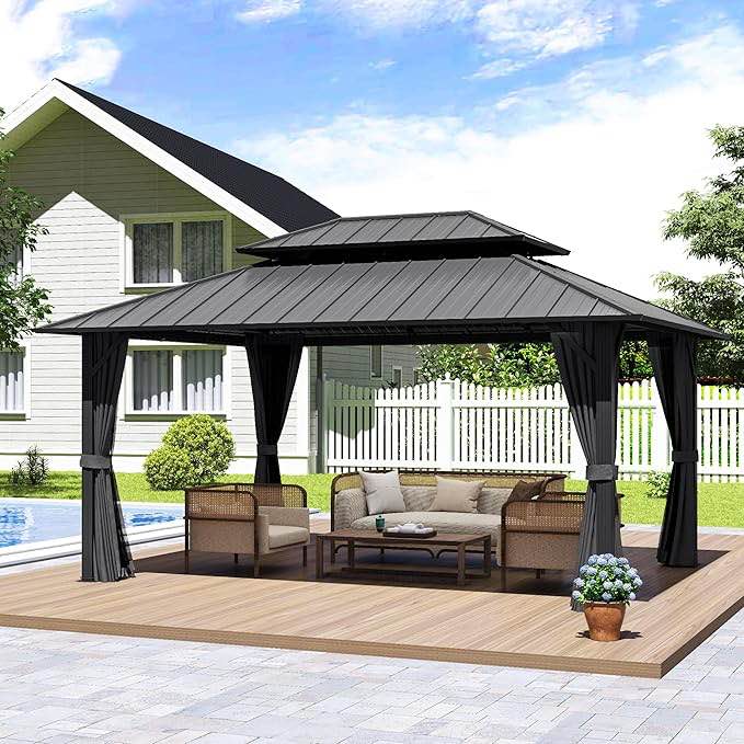 Outdoor Gazebo with Metal Roof and Curtains