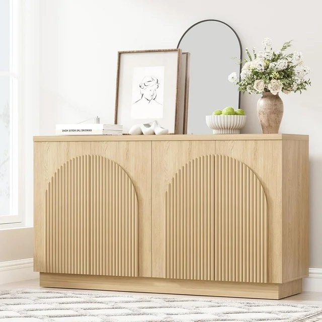 55" Fluted Sideboard Buffet Cabine, Arched Reeded Design Doors, Adjustable Shelves