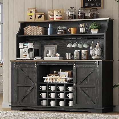 55 Inch Farmhouse Coffee Bar Cabinet with 3-Tier Storage, Kitchen Hutch with 12 Wine Racks \u0026 3 Glass Holders, Coffee Bar with 6 Hooks, Wine Bar Cabinet for Dining Living Room