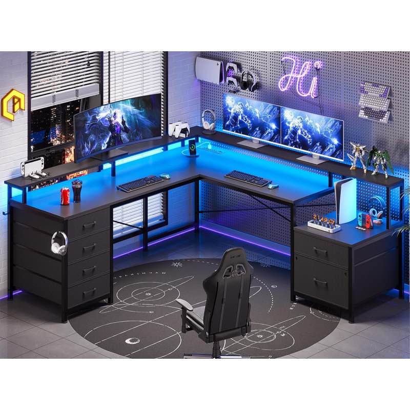 Rockville 108.2'' W L-Shaped Computer Desk with Drawers and Power Outlets