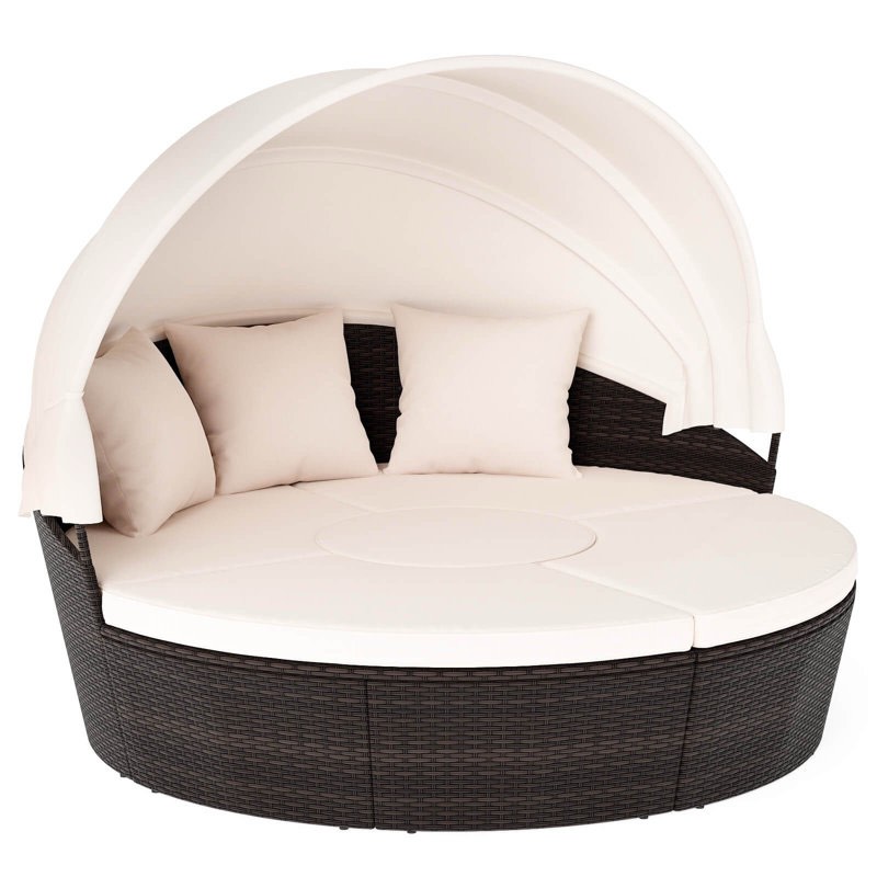 Patio Round Daybed Pe Rattan Cushioned Sectional Seating With Retractable Canopy
