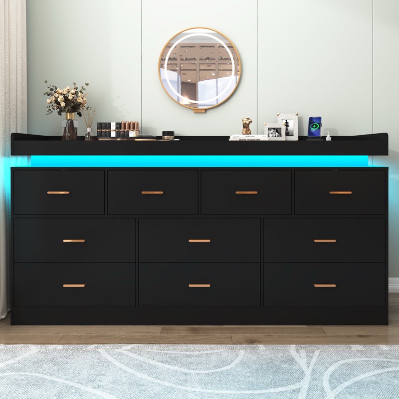 10 drawer 70" w dresser with led light, sockets, usb port, and type-c port
