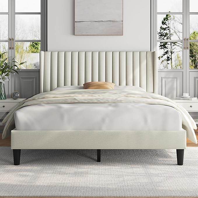 queen bed frame upholstered platform bed with fabric headboard, wing edge design/non-slip and noise-free/wooden slats support/no box spring needed/easy assembly, ivory queen bed