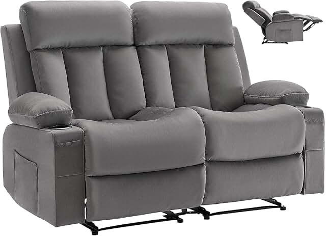 Loveseat Recliner Sofa, Power Reclining Couch with Heating and Massage, Soft Velvet Electric Recliner Sofa with USB Ports, Cup Holders andSideBags, Dual Loveseat Chair for Living Room, Grey