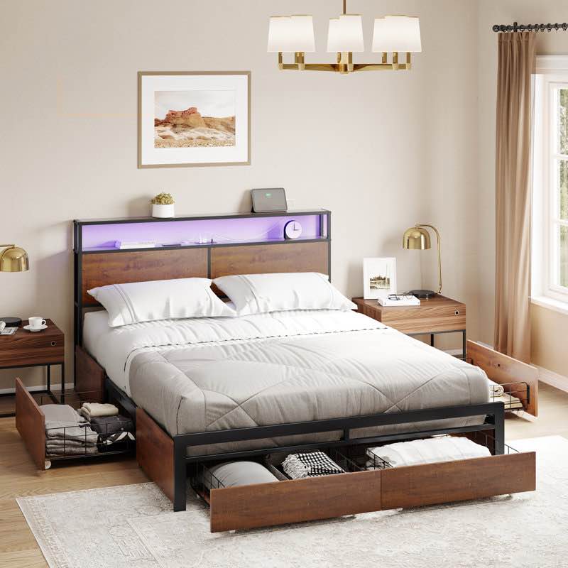 antioch modern king full bed with 4 drawers, adjustable led light and charging station
