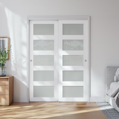 frosted glass 5-lite sliding pocket door white standard door with hardware kit set