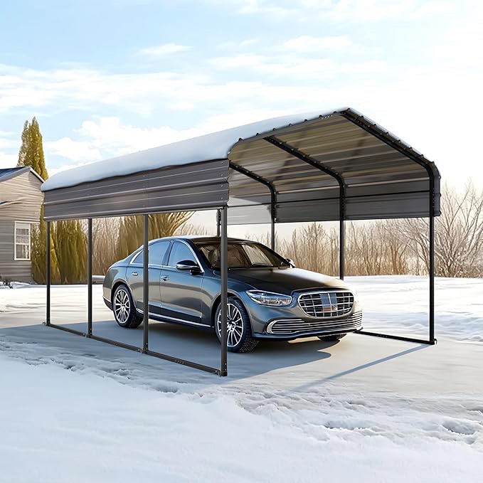 Carport Car Port Metal Canopy 10x15 ft Heavy Duty for Snow, Portable Garage Kit Shed Tent Shelter Metal Frame All Weather Outdoor for Boat with Anti-Leak Seam Taped, Dark Grey