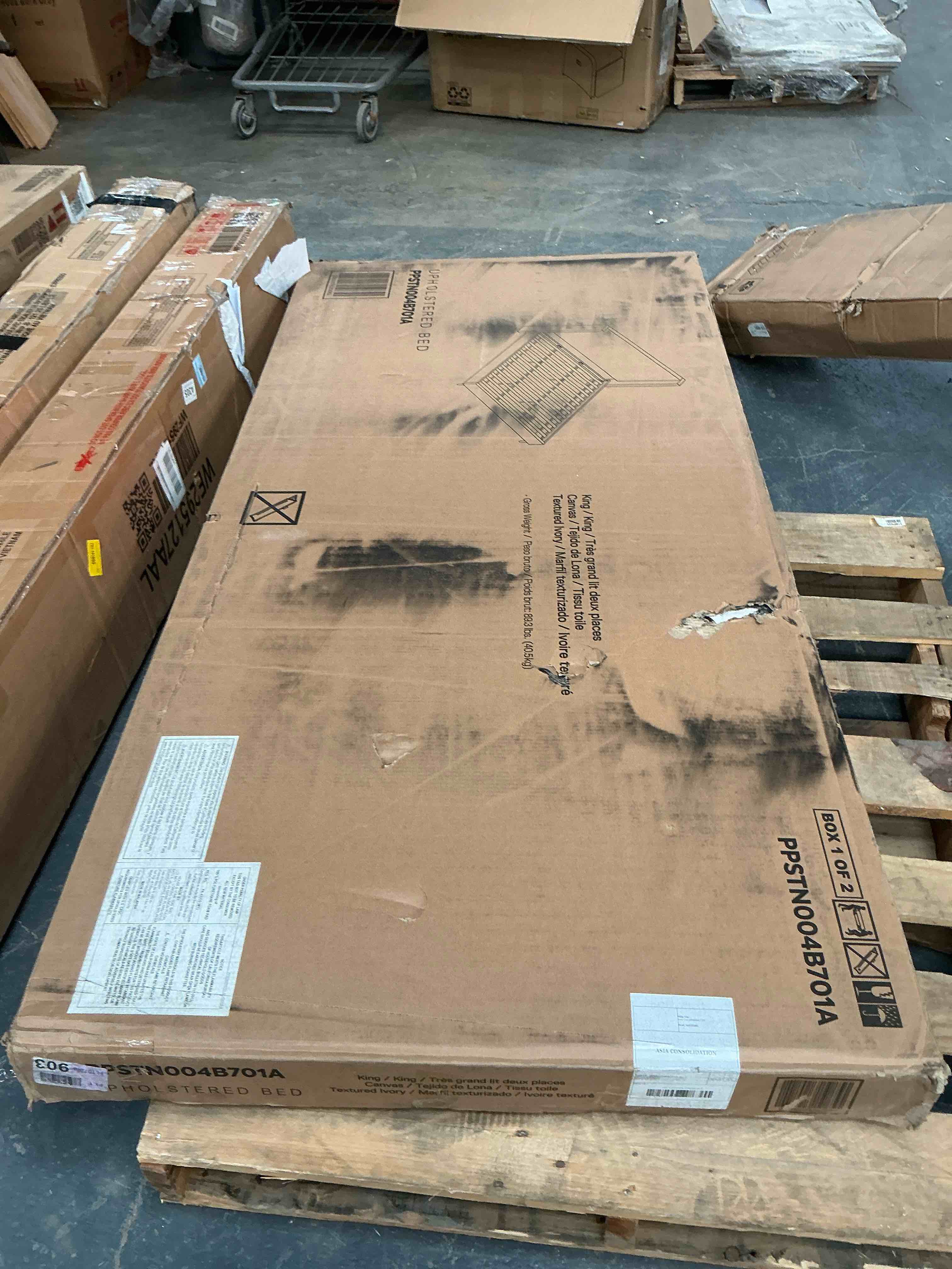 Condition photo showing Good Condition for King Upholstered Bed with Winged Headboard 