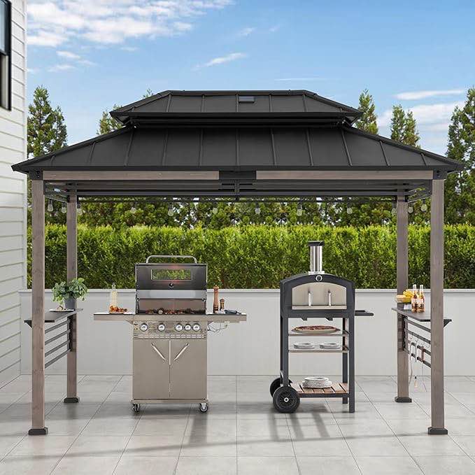 Sunjoy Wooden Grill Gazebo with Solar Power, 8 x 12 ft. Hardtop Gazebo for Year-Round Grilling, Outdoor Cedar Frame Cooking Shelter with Decorative Fence for Backyard BBQs Party