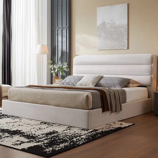 lift up storage bed, upholstered platform bed with hydraulic system & wood slats support, bed frame with 3-panel headboard, no box spring needed, easy assembly