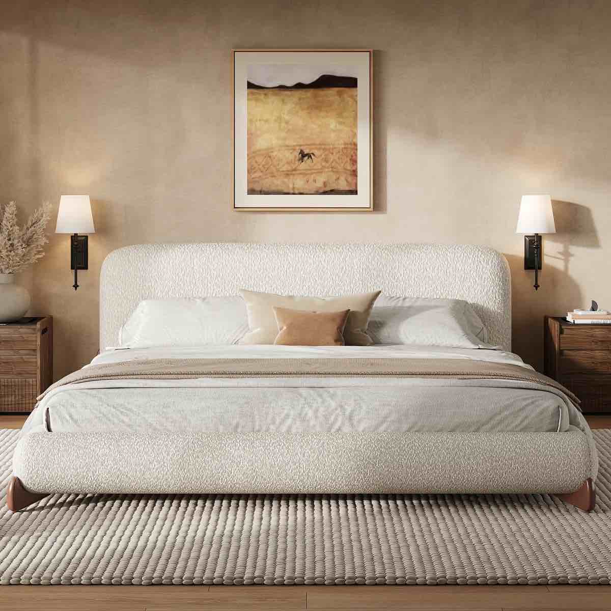 Paris Boucle Upholstered Platform Bed With Thick Headboard & Solid Wood Legs