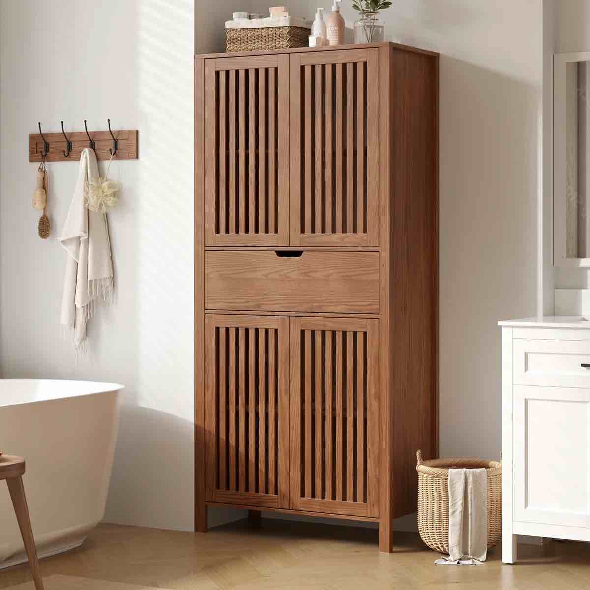 69in kitchen pantry cabinet, tall farmhouse storage cabinet with grille doors and drawer, rustic brown freestanding storage organizer with adjustable shelves for kitchen, dining \u0026 living room