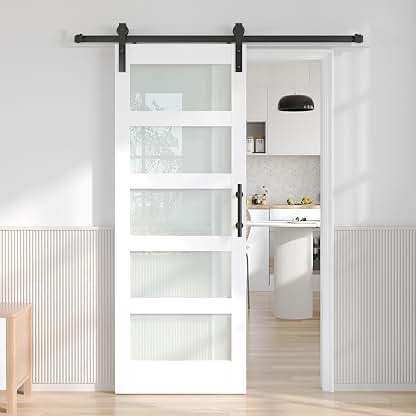 80" Hidden Style Track White Primed 1-Lite Glass Mirrored Sliding Barn Door With Hardware Kit(No Assembly Required)