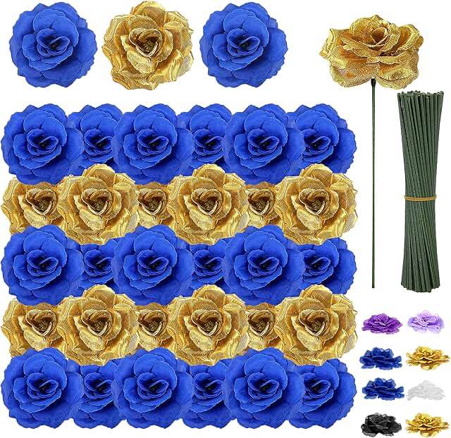Deep Blue And Gold Single Flower I 3 Pieces