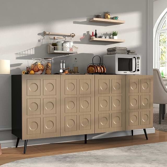 fluted sideboard buffet cabinet with storage: 63" black buffet sideboard cabinet with drawers, modern wood credenza with 3 doors, living room console cabinets