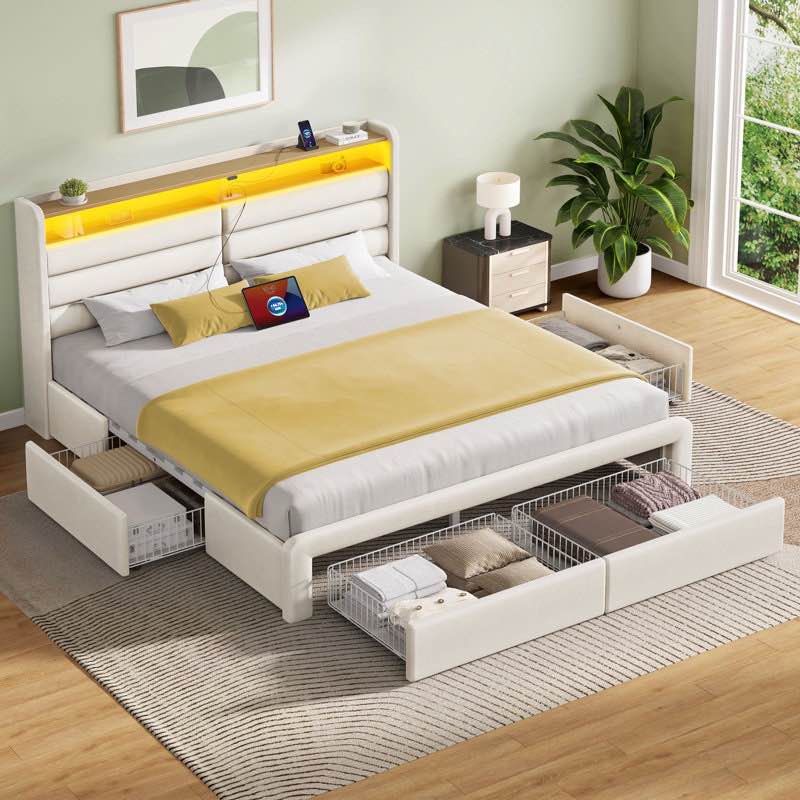 Wenda Bed Frame with 4 Storage Drawers and LED Lights, Upholstered Bed with Headboard and Charging Station