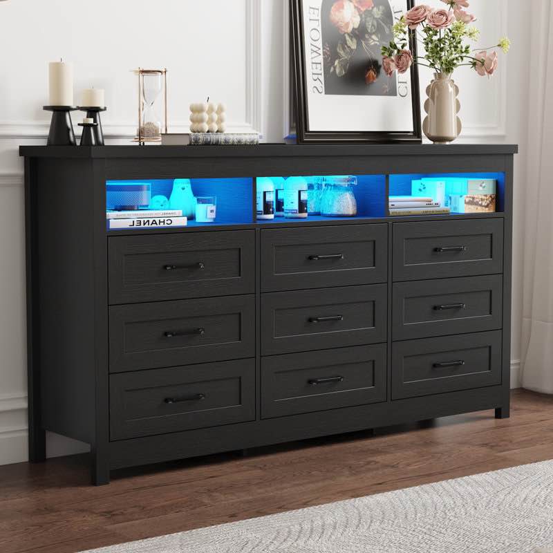 Karlea 63" Farmhouse 9 Drawer Dresser,Long Dresser TV Stand With LED Lights \u0026 Charging Station,Chest Of Drawers
