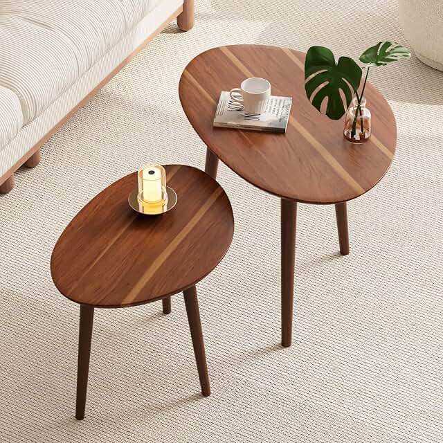 Rudina Modern Nesting Coffee Table Set - Oval Wood Double Leg Design, Minimalist Style Living Room Tables for Office \u0026 Lounge