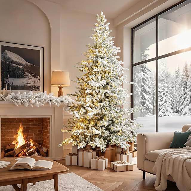 Elegant Snowy Fir-Pre-Lit Flocked Full Fir Christmas Tree With Lights