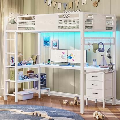 loft bed with l-shaped desk, bed frame with led lights \u0026 charging sation, 3 fabric drawers