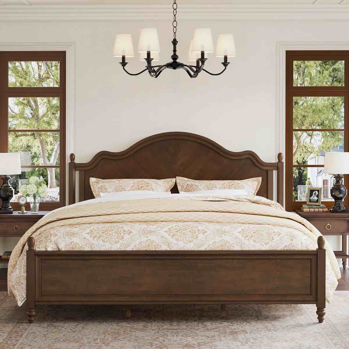 Mid-Century Modern Solid Wood Bed FrameÂ With Herringbone-Inspired Pattern Headboard