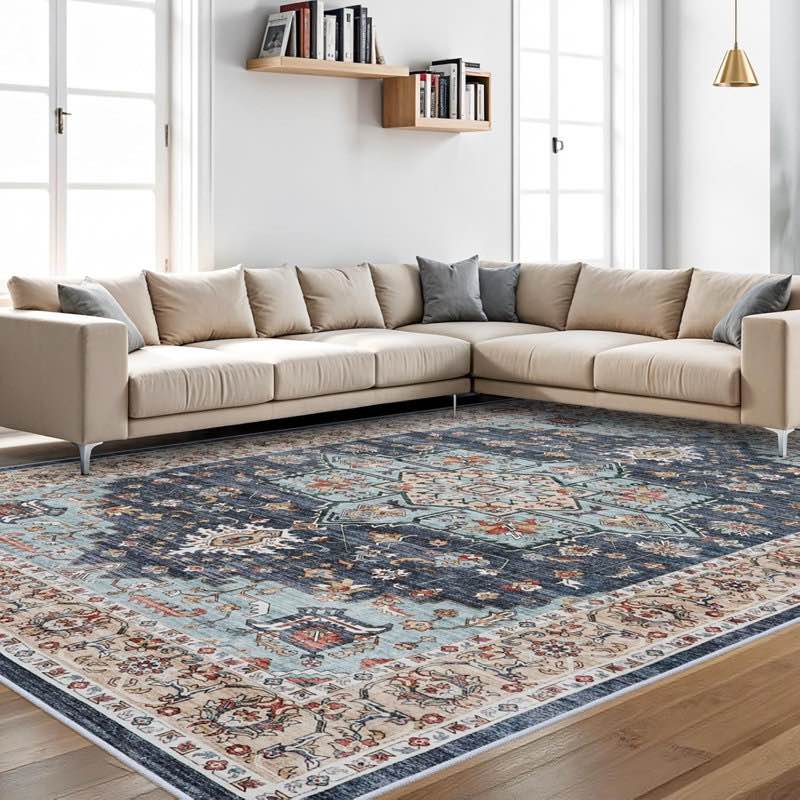 Washable Oriental Area Rug - Rugs for Living Room Soft Carpet for Bedroom Waterproof Floral Distressed Indoor Stain Resistant Non-Shedding Floor Carpets (Blue/Teal/Orange)