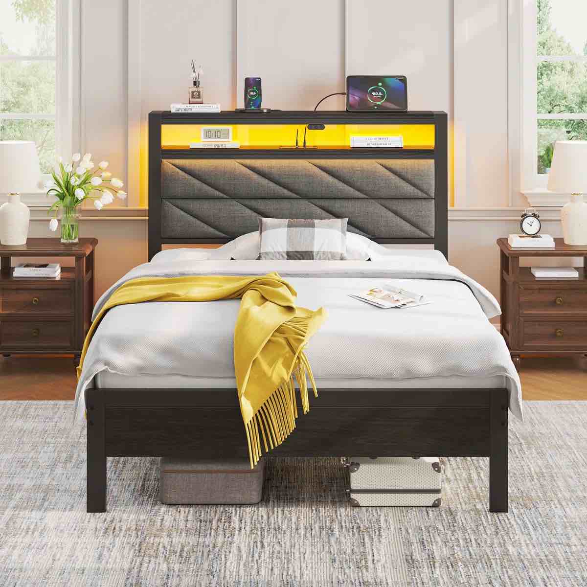 bed frame with storage headboard, metal platform bed frame with rgb lights \u0026 outlets