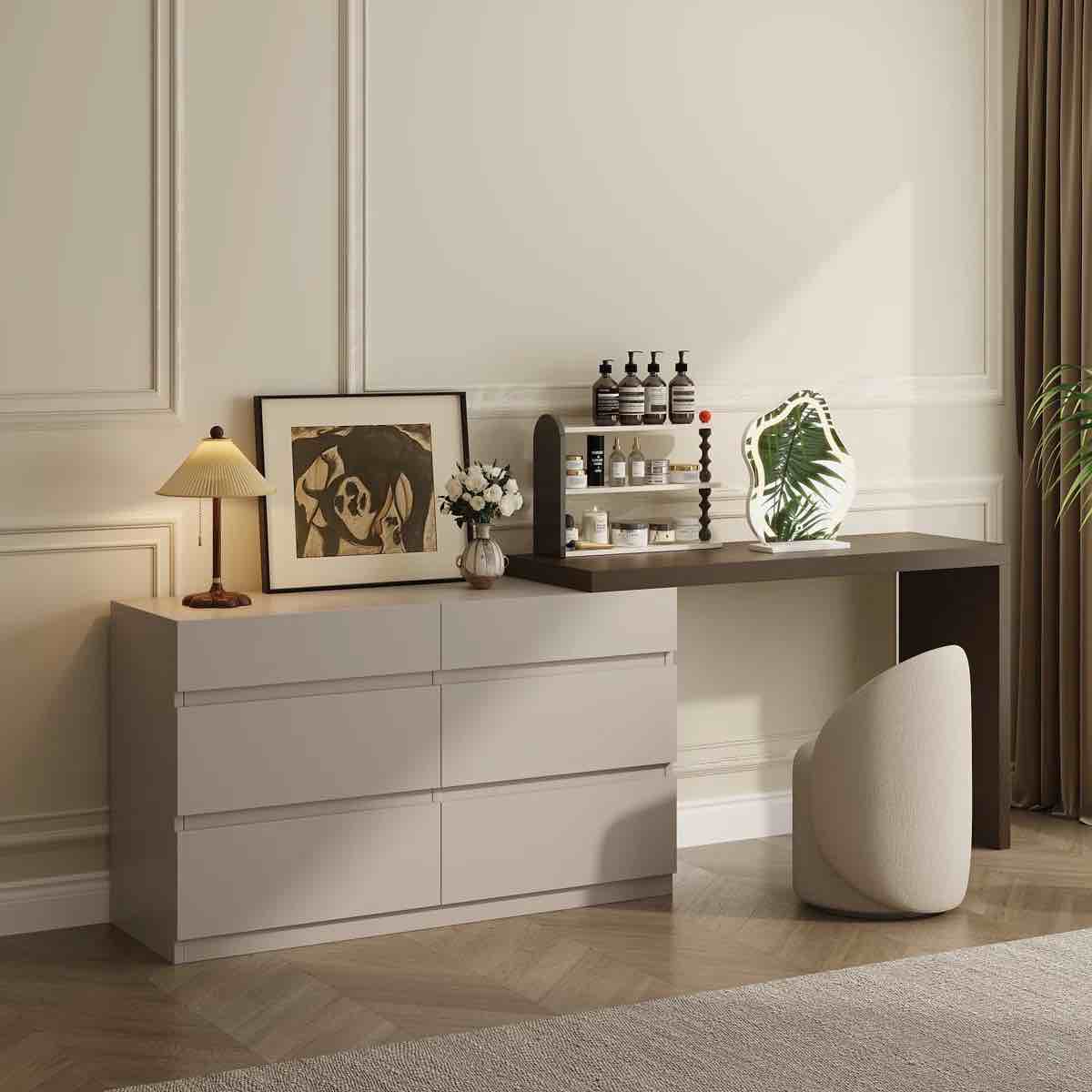 Modern Home Office Extendable Dresser Desk With 6 Drawers For Bedroom