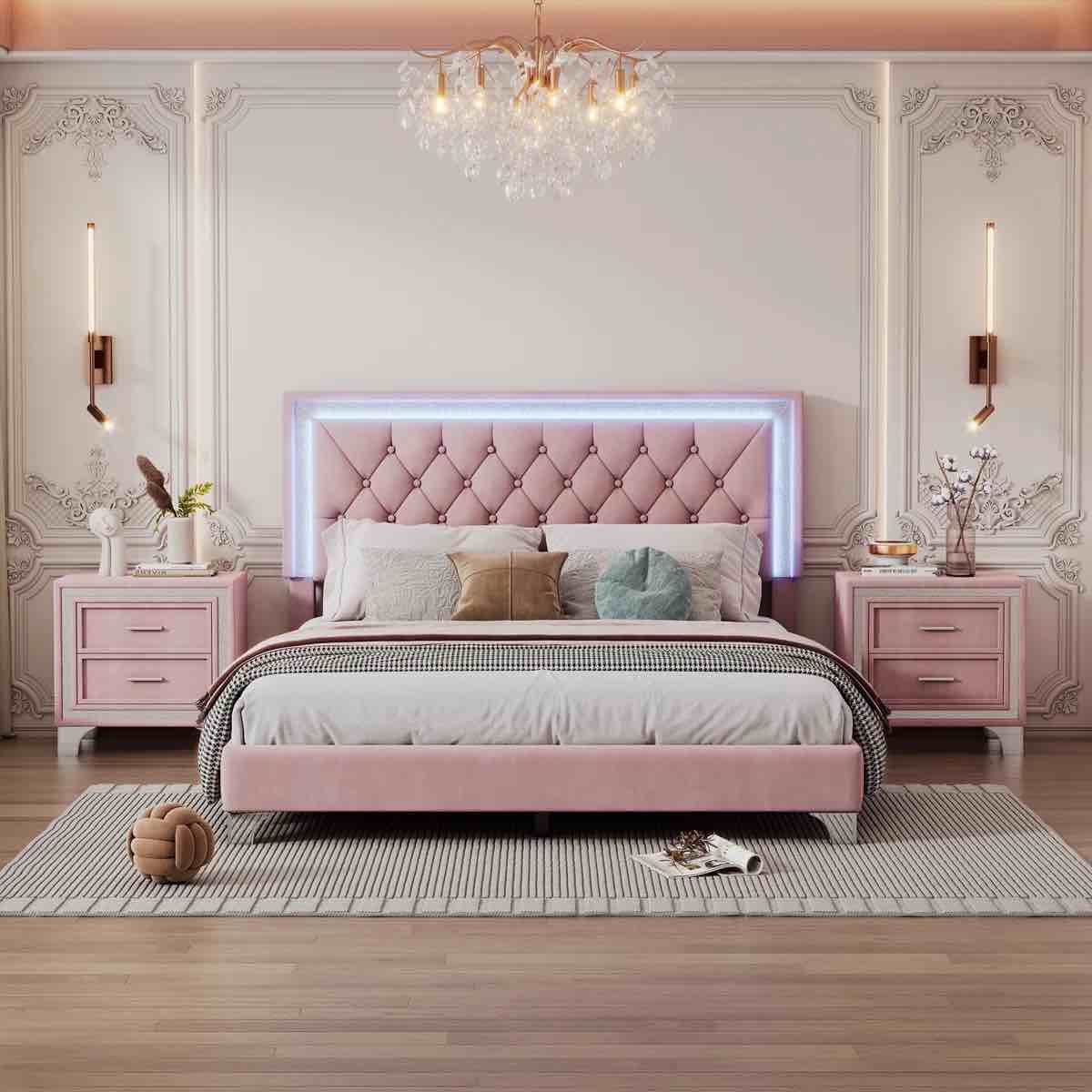 3-Piece Bedroom Set, Queen Size Upholstered Platform Bed with Lights and Two Nightstands, Modern Design with Sturdy Support and Elegant Appeal