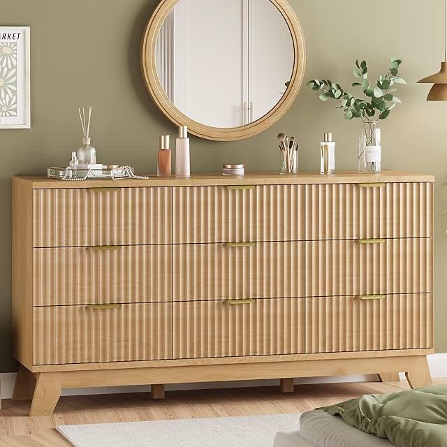 fluted 9-drawer dresser 57\u0027\u0027w wood wide chest of drawers with metal handle,adjustable feet