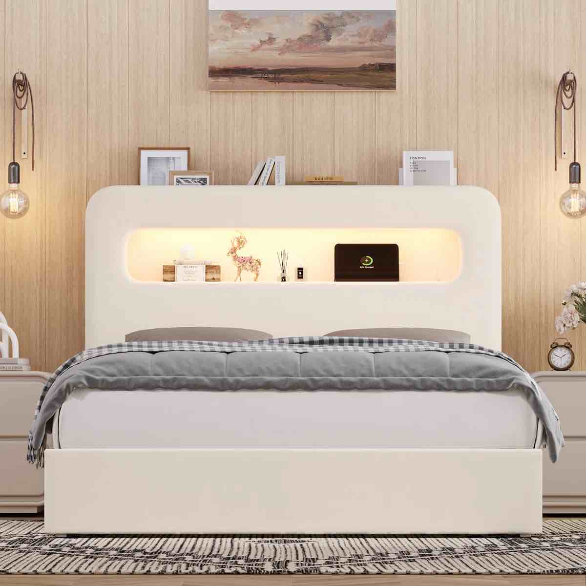 upholstered storage bed frame with headboard, led bed frame with drawers and charging station