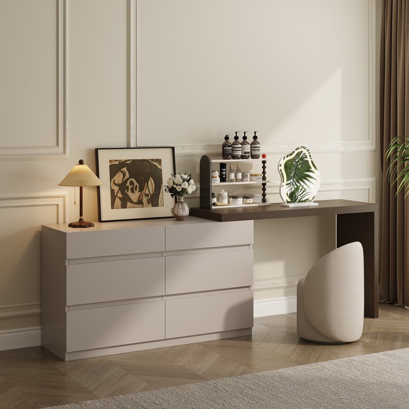 Modern Home Office Extendable Dresser Desk With 6 Drawers For Bedroom