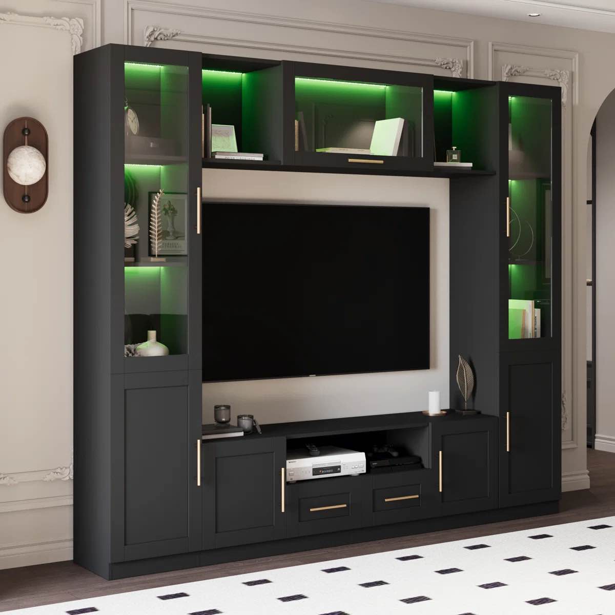 4-piece Wall Unit Tv Stand With Led Lights For Tvs Up To 70", Large Entertainment Center  With Bookshelves