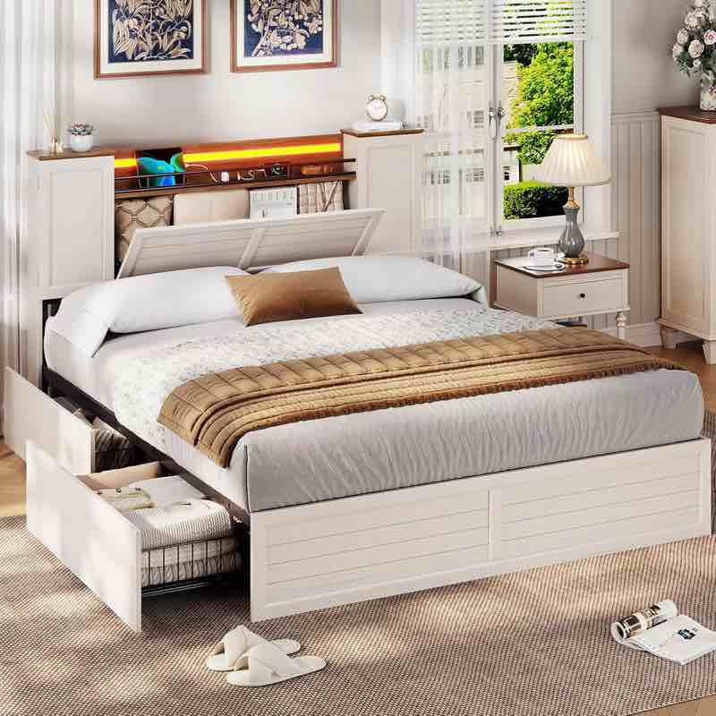 farmhouse bed frame with double barn door storage headboard rustic wooden bed with 4 drawers and led lights