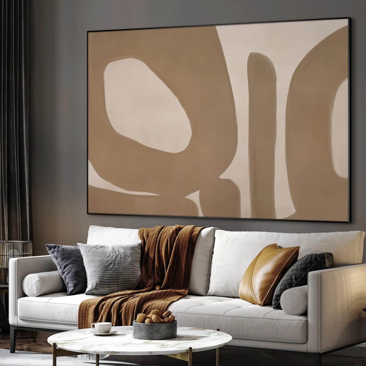 Extra Large Wall Art Fabric Print - Minimalist Earth Tone Abstract Neutral Organic Shapes Illustration Artwork Decor for Living Room or Bedroom - "Frame Assembly Required (Unfinished Frame)"