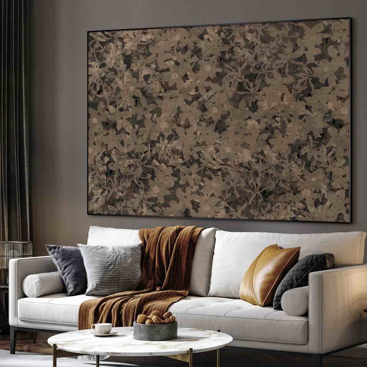 Extra Large Wall Art Fabric Print - Vintage Floral Overlay Dark Botanical Pattern Sophisticated Interiors Artwork Decor for Living Room or Bedroom - "Frame Assembly Required (Unfinished Frame)"